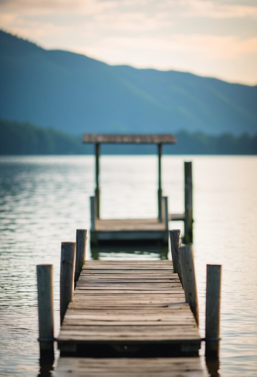 A serene lakeside setting with a rustic wooden dock and a backdrop of calm, shimmering water