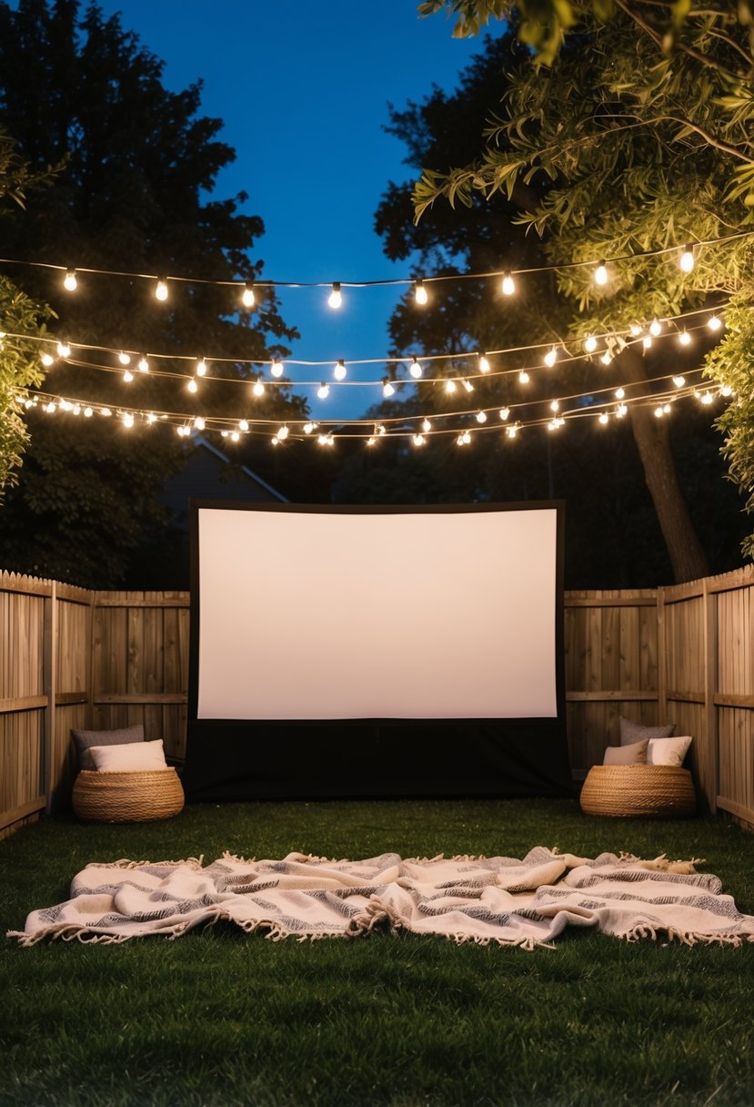 A cozy backyard with string lights, a large screen, and blankets laid out on the grass for a romantic outdoor movie night