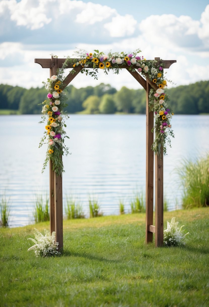 A wooden arch adorned with colorful wildflowers stands at the edge of a serene lake, creating a rustic and romantic setting for a wedding