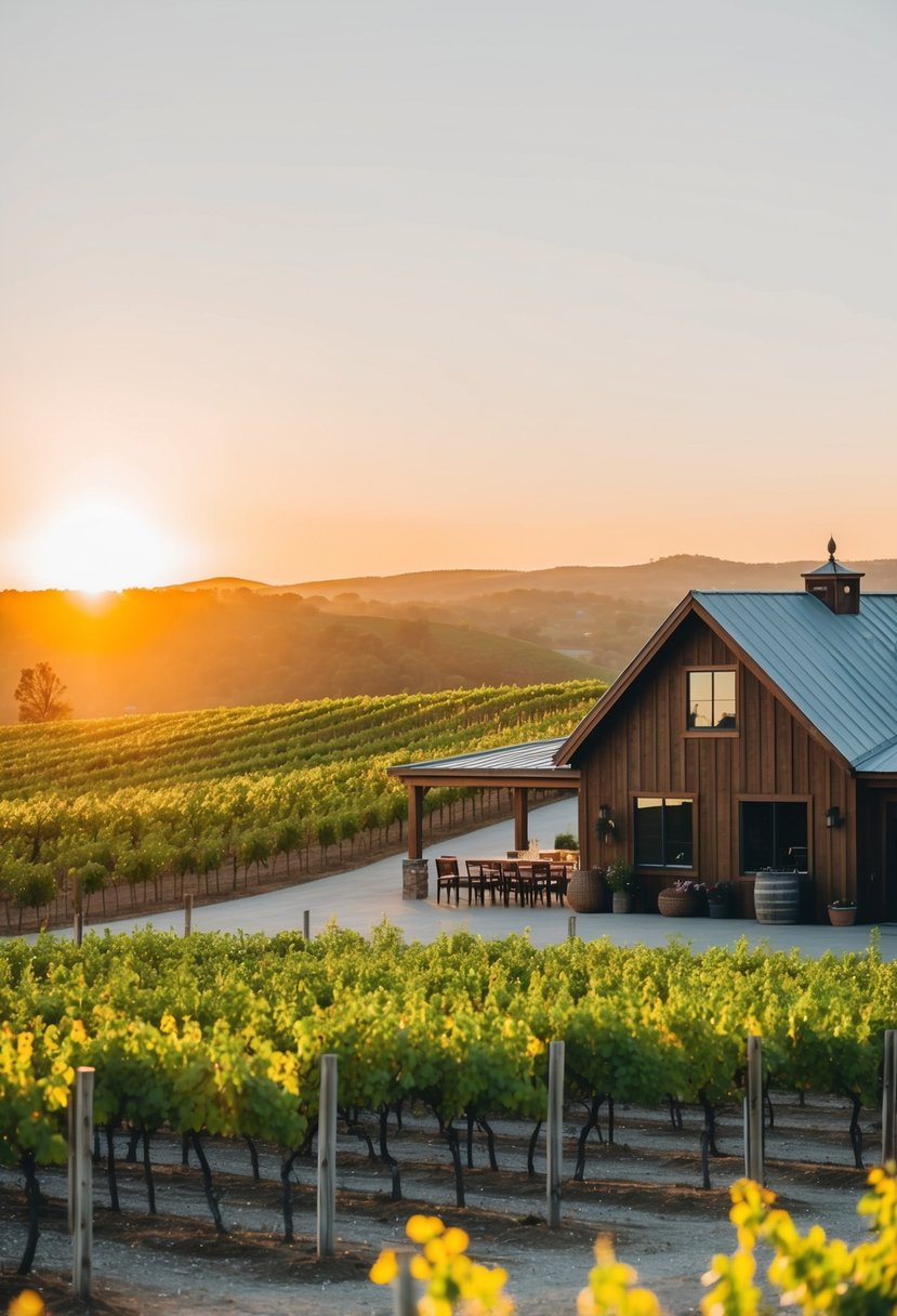 A serene winery with rolling vineyards, a rustic tasting room, and a warm, golden sunset casting a soft glow over the landscape