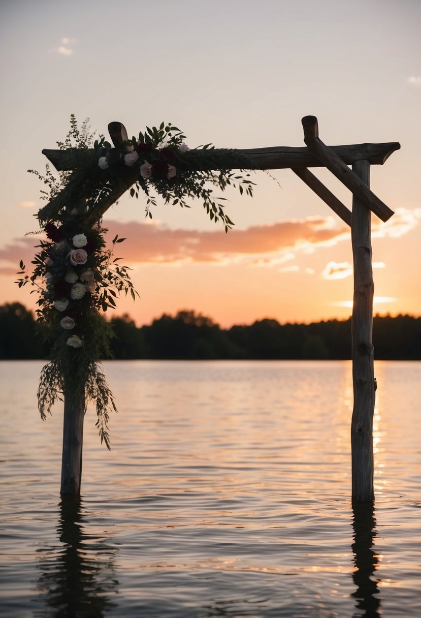 A serene lake reflects the warm hues of the setting sun, as a rustic wooden arch frames the tranquil waters for a romantic ceremony