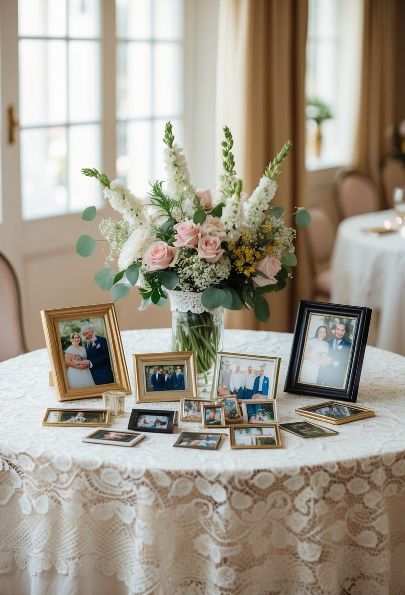 A table adorned with a lace tablecloth, adorned with a vase of flowers, framed photos, and a scattering of memorabilia from 64 years of marriage