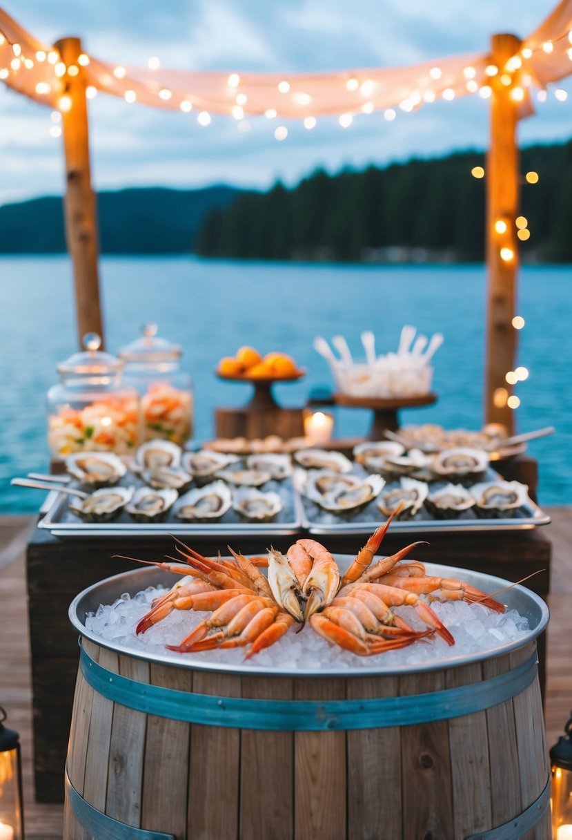 A lakeside wedding reception with a seafood bar featuring oysters, shrimp, and crab legs on ice, surrounded by rustic wooden decor and twinkling string lights