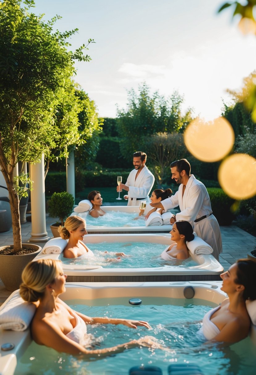 A serene spa with couples receiving massages, enjoying hot tubs, and sipping champagne in a tranquil garden setting