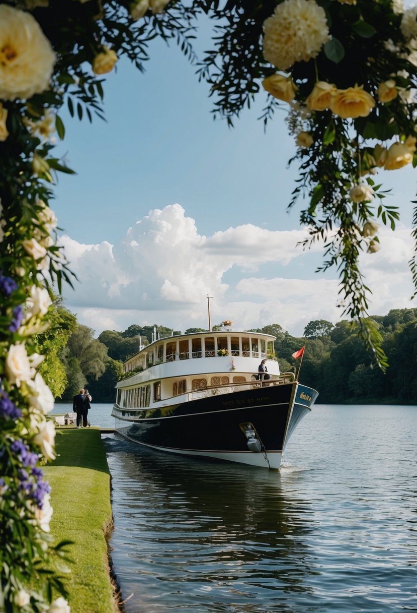 A grand boat arrives at the edge of a serene lake, with lush greenery and flowers adorning the surrounding area, creating a picturesque setting for a wedding