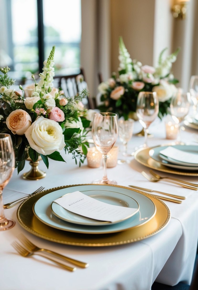 A beautifully set table with elegant tableware, floral centerpieces, and a romantic ambiance