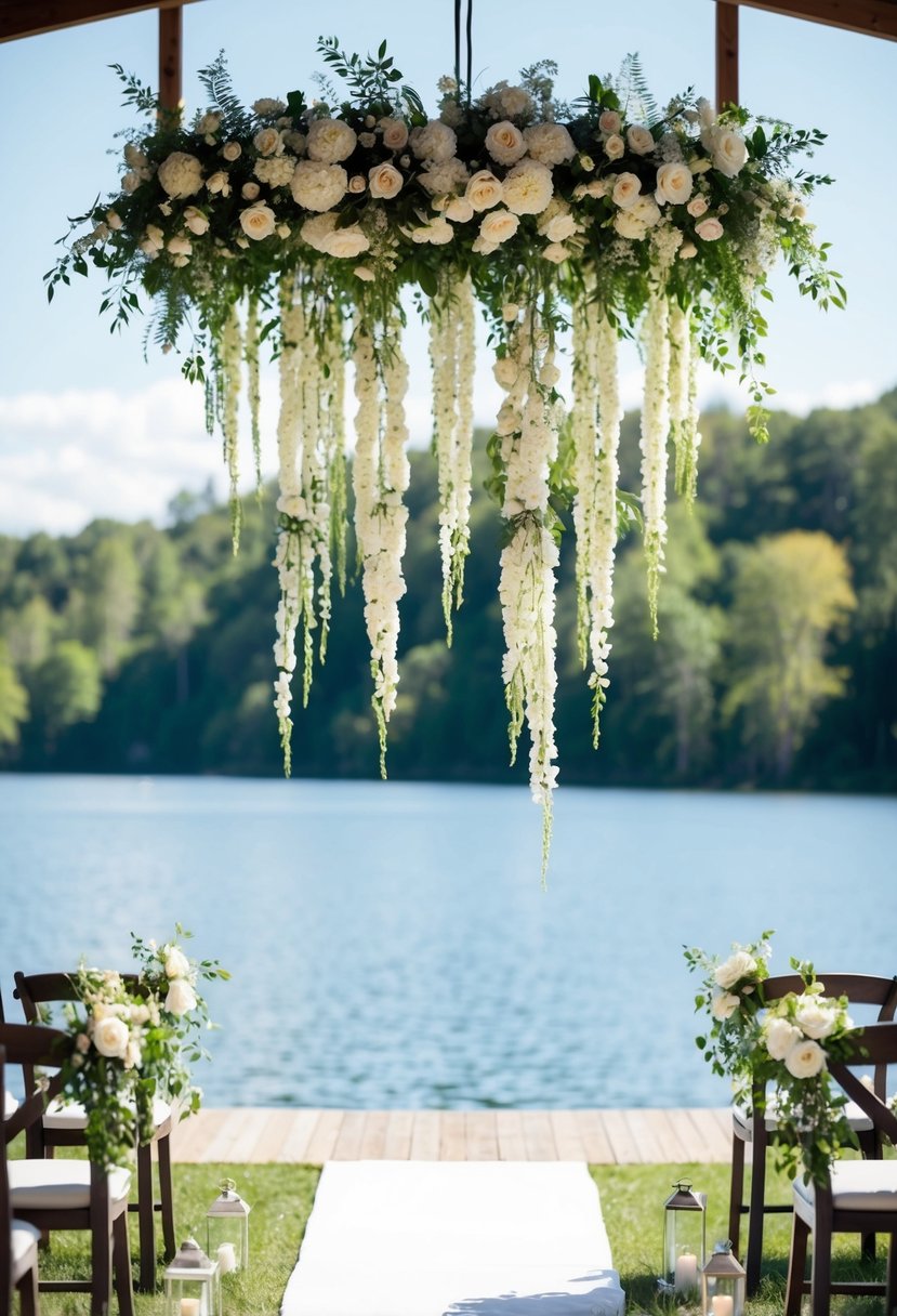 A cascading floral arrangement, inspired by the serene beauty of the lake, hangs elegantly above the wedding ceremony