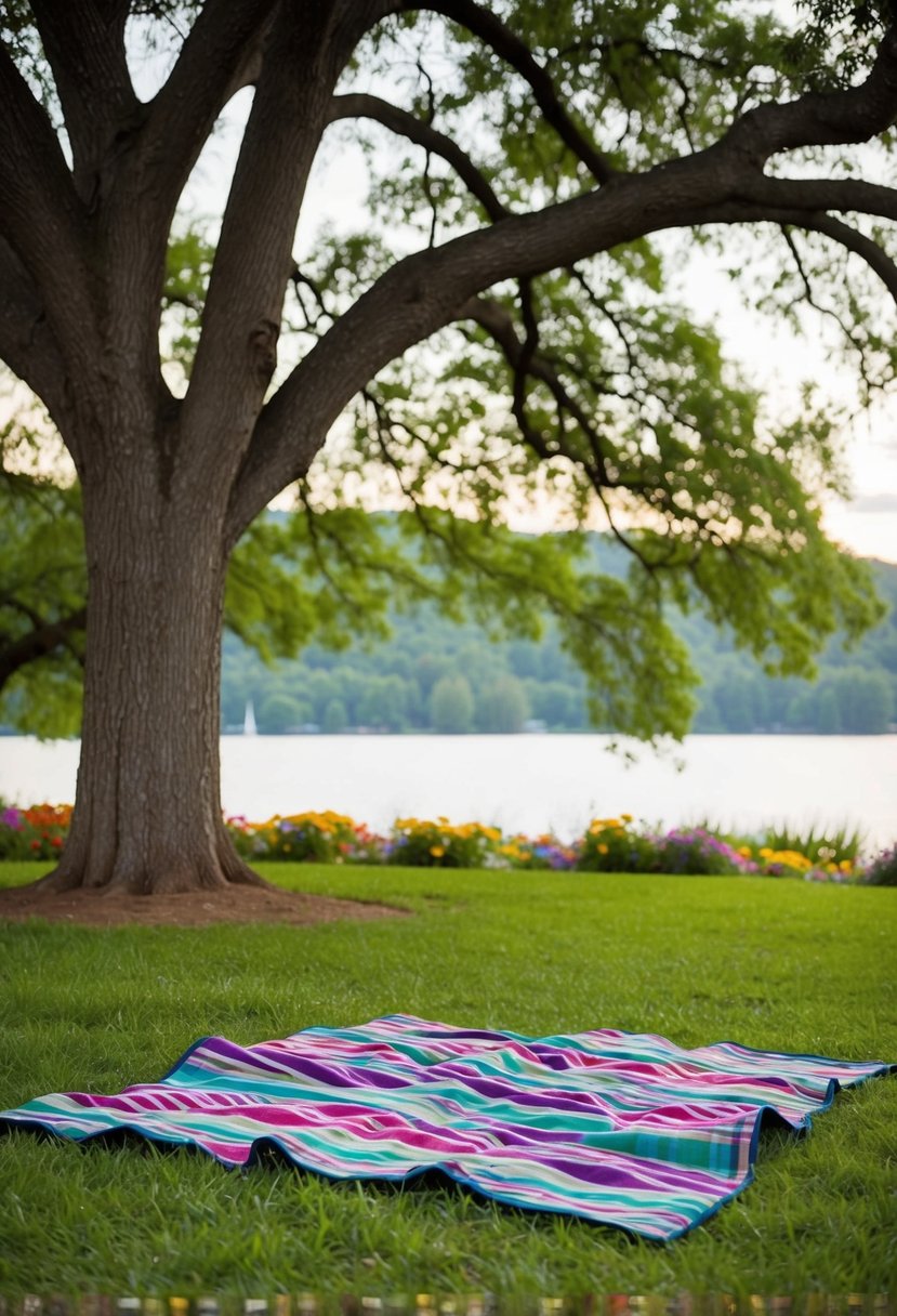 A picnic blanket spread under a large oak tree, surrounded by colorful flowers and a serene lake in the background