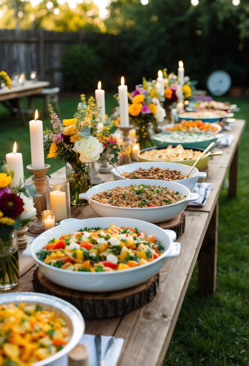 A backyard wedding buffet with a variety of colorful dishes and drinks displayed on rustic wooden tables adorned with flowers and candles