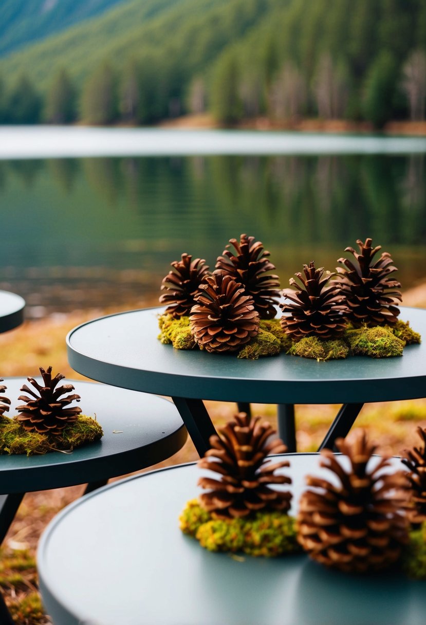 Pinecones and moss arranged on tables by a serene lake