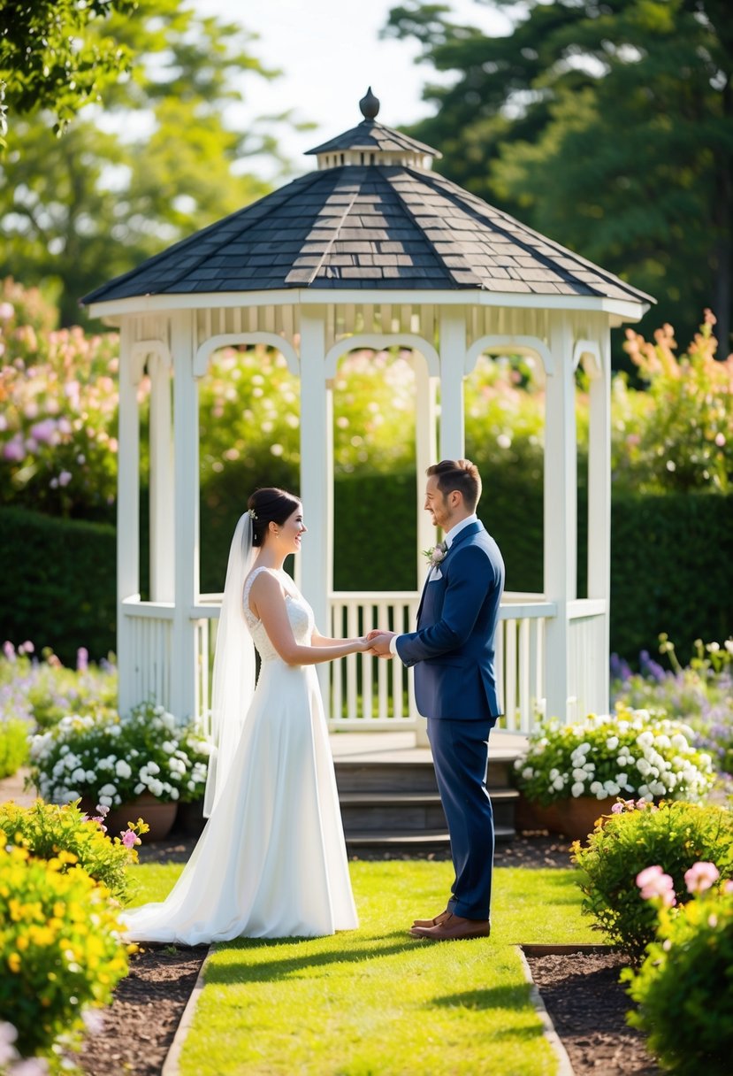 A serene garden with a small gazebo surrounded by blooming flowers and a gentle breeze, where a couple stands facing each other, holding hands and exchanging vows