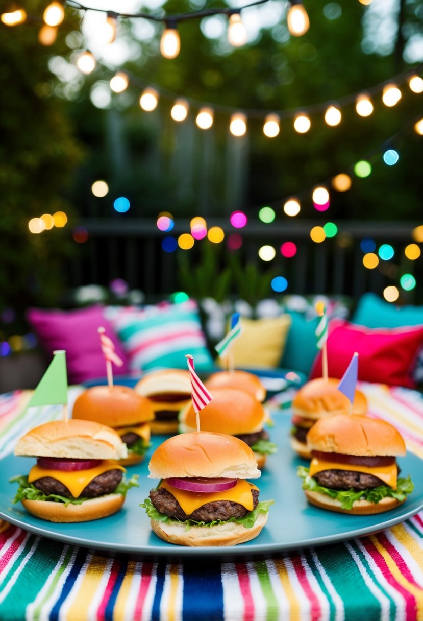 A table set with a variety of hamburger sliders, surrounded by twinkling string lights and colorful decorations in a cozy backyard setting