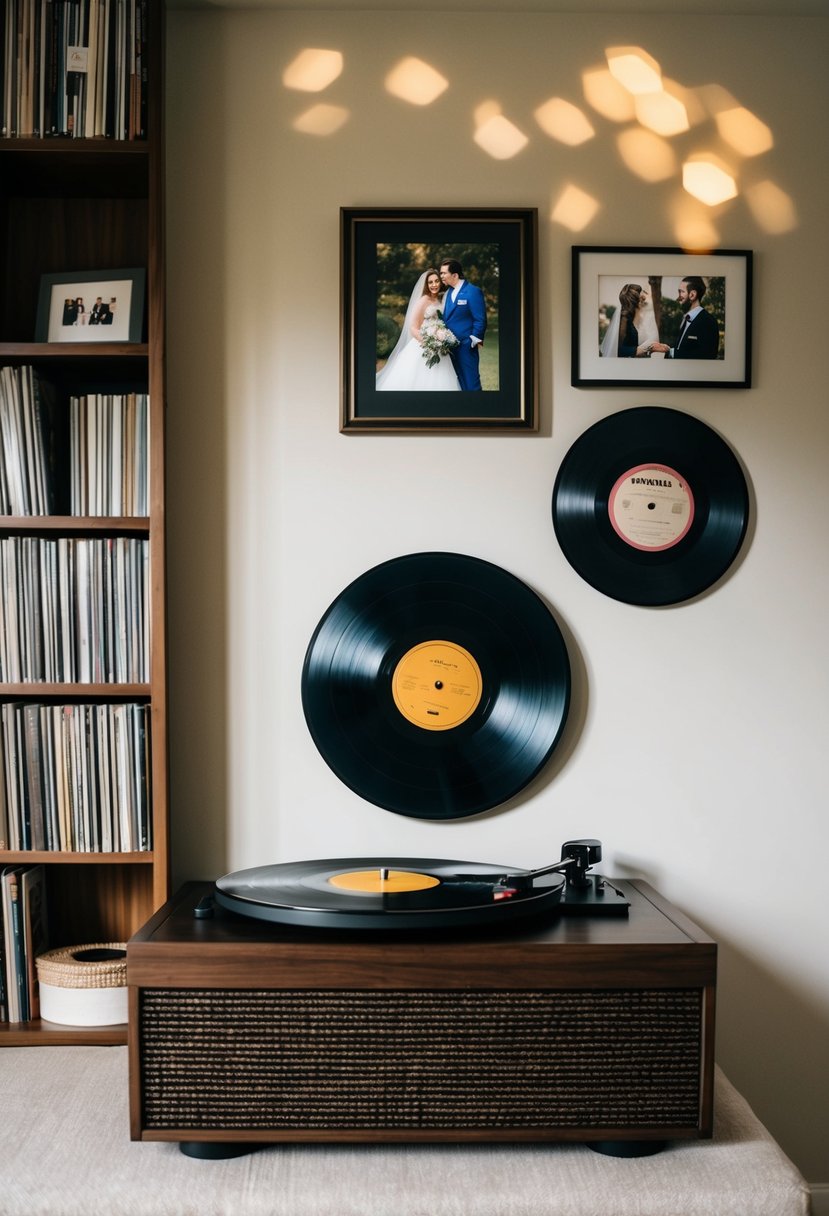 A cozy living room with a record player, vintage vinyls, and a framed wedding photo on the wall