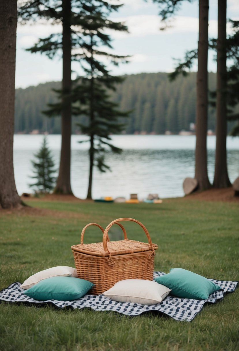 A cozy lakeside picnic with a checkered blanket, wicker basket, and scattered cushions, surrounded by tall trees and a serene lake