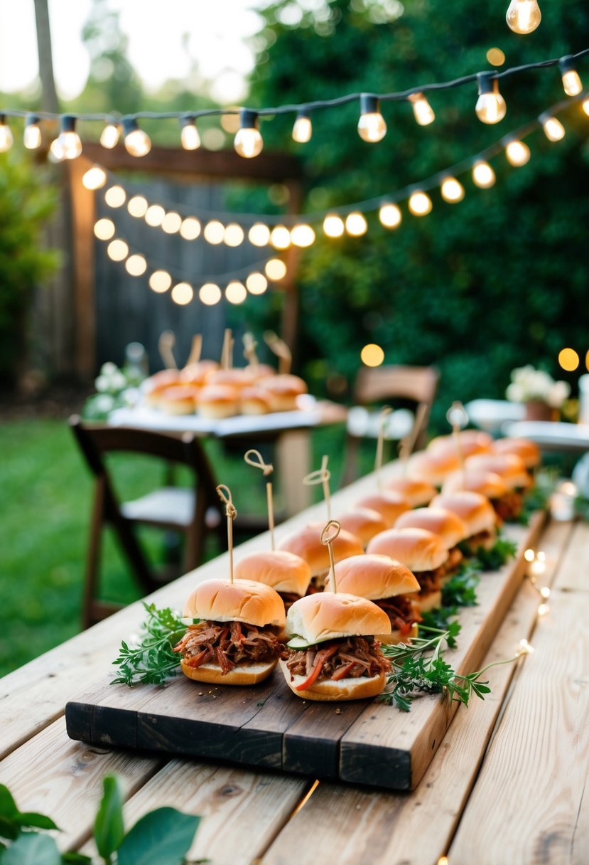 A rustic wooden table adorned with pulled pork sliders, surrounded by twinkling string lights and lush greenery at a backyard wedding