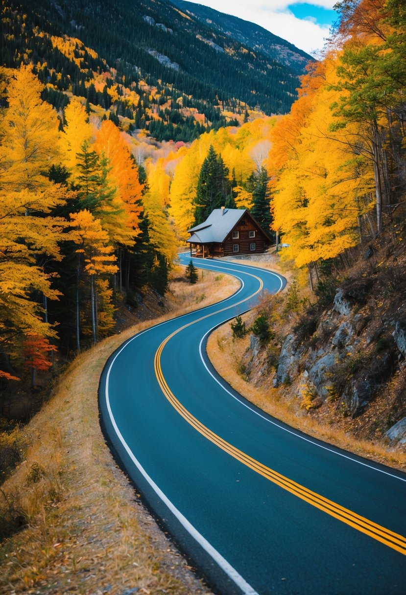 A winding road cuts through colorful autumn foliage, leading to a cozy cabin nestled in the mountains