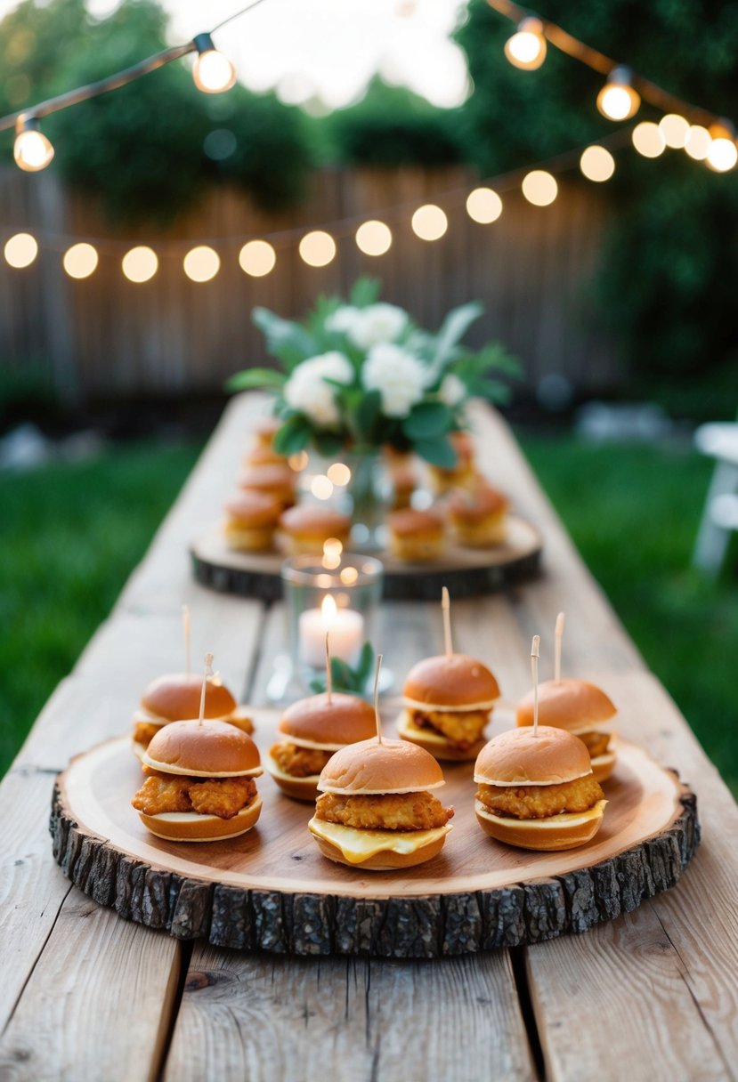 A rustic wooden table set with mini chicken and waffle sliders, surrounded by twinkling lights and greenery at a backyard wedding