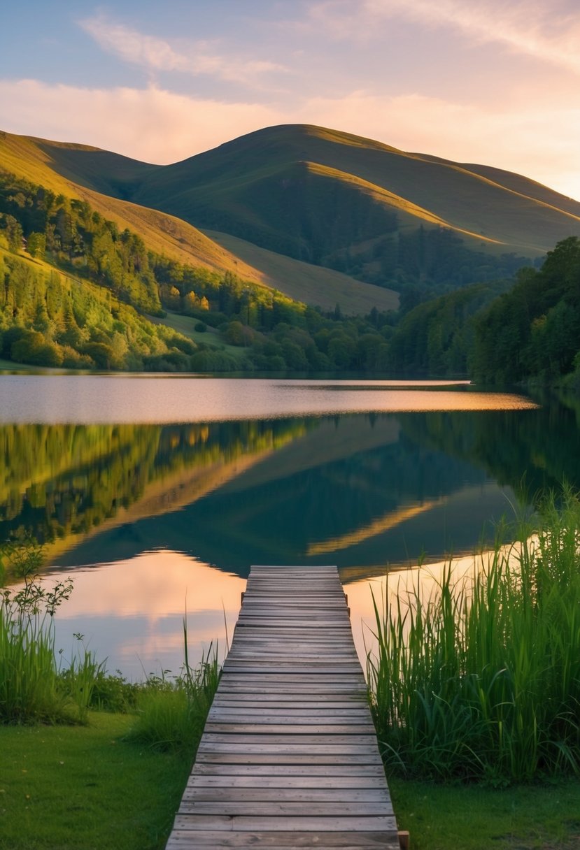 A serene lake nestled between rolling hills, reflecting the warm hues of the setting sun. A wooden dock extends into the water, surrounded by lush greenery