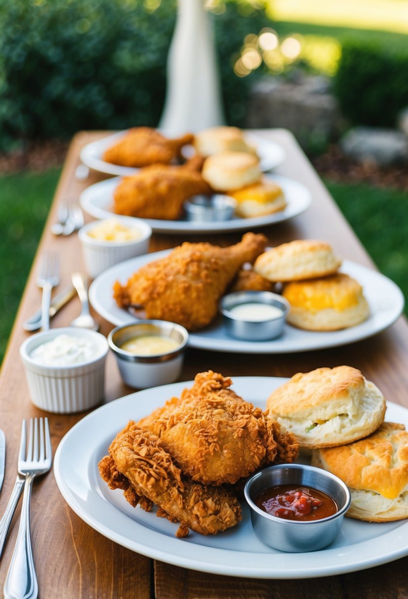 A table set with fried chicken, biscuits, and assorted condiments for a backyard wedding feast