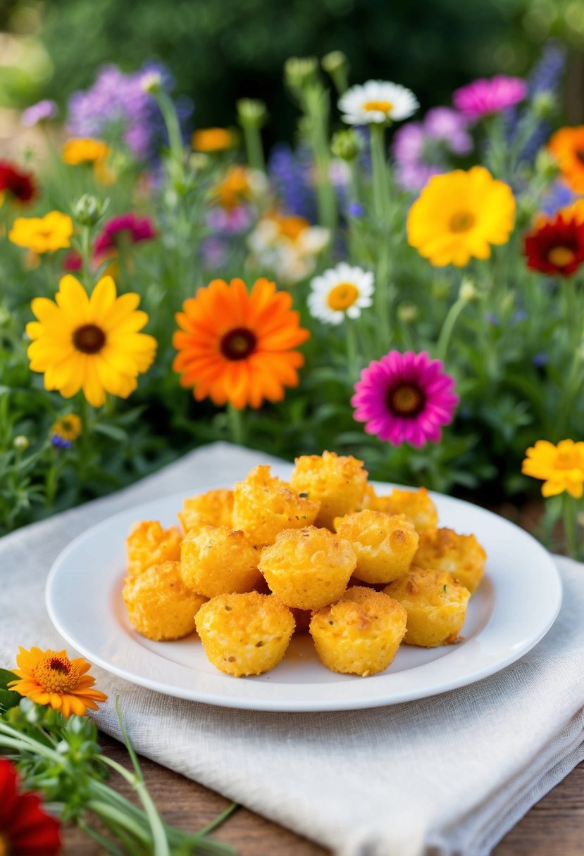 A platter of golden mac and cheese bites surrounded by colorful wildflowers at a backyard wedding