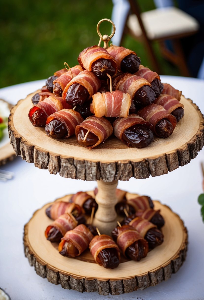 Bacon-wrapped dates displayed on rustic wooden platter at a backyard wedding reception