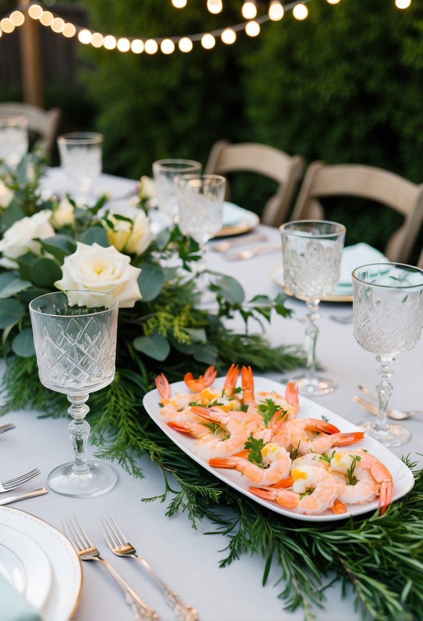 A table set with elegant glassware and a platter of shrimp cocktail, surrounded by greenery and twinkling lights in a backyard wedding setting