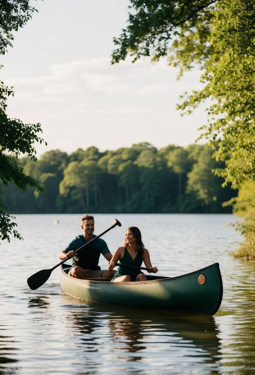 A serene lakeside setting with a couple paddling in a canoe, surrounded by lush greenery and serene water