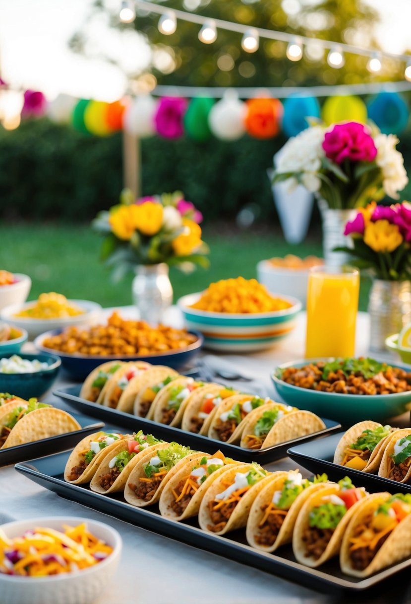 A table spread with an assortment of mini tacos, surrounded by festive backyard wedding decor