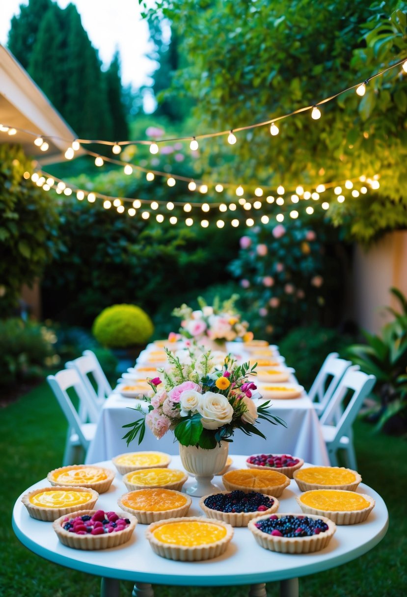 A table adorned with colorful fruit tart pies set in a lush backyard garden, surrounded by twinkling fairy lights and elegant floral arrangements