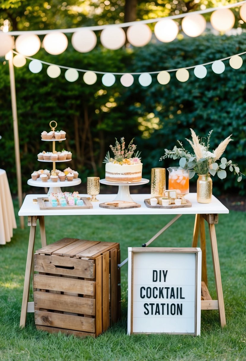 A cozy outdoor garden party with a mix of elegant and rustic decor, featuring a dessert table, games, and a DIY cocktail station