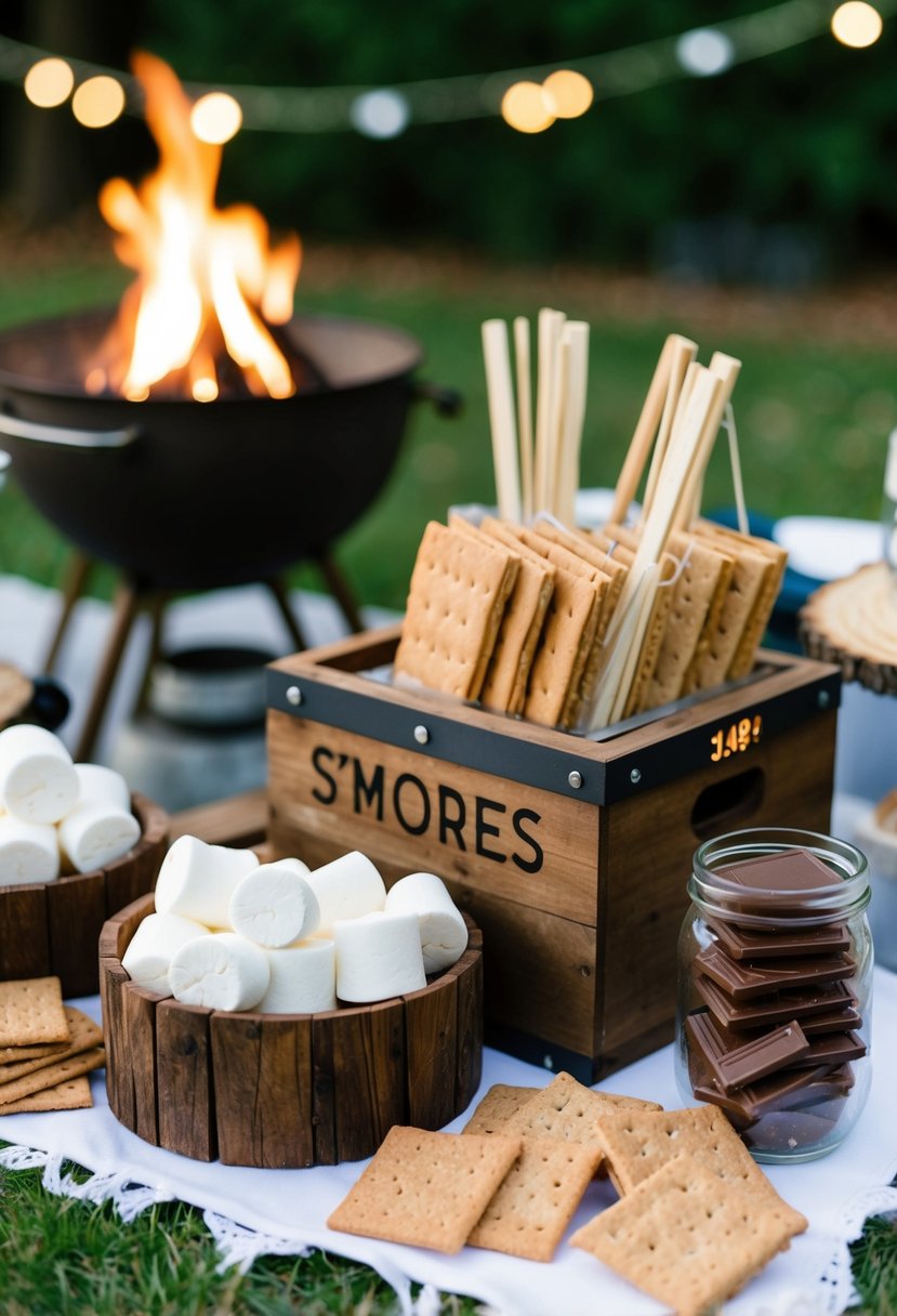 A rustic backyard wedding with a cozy s'mores station, complete with a crackling fire, marshmallows, graham crackers, and chocolate