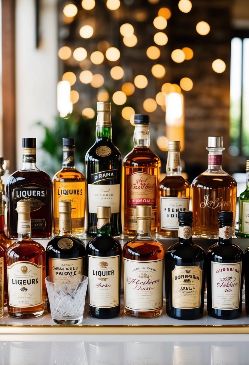 A well-stocked bar with an array of unique liqueurs and elegant glassware, ready for a wedding shower celebration