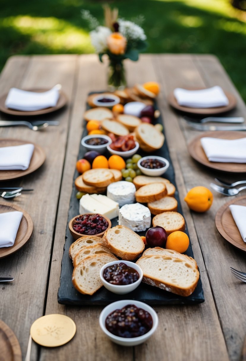 A rustic outdoor table set with a spread of brie cheese, bacon-plum jam, and assorted breads and fruits for a backyard wedding