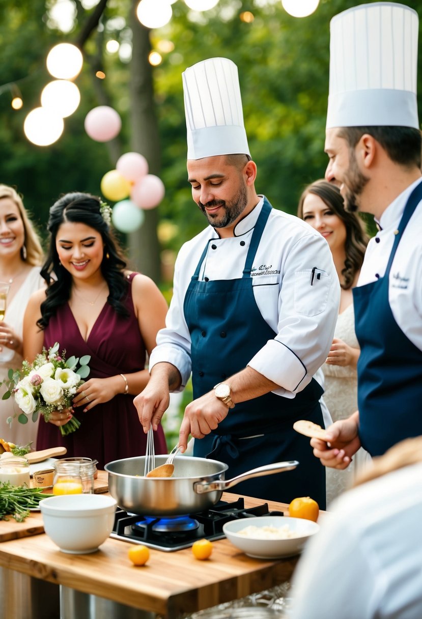 A chef demonstrates cooking to a group of couples at a wedding shower. Ingredients, utensils, and a festive atmosphere are present