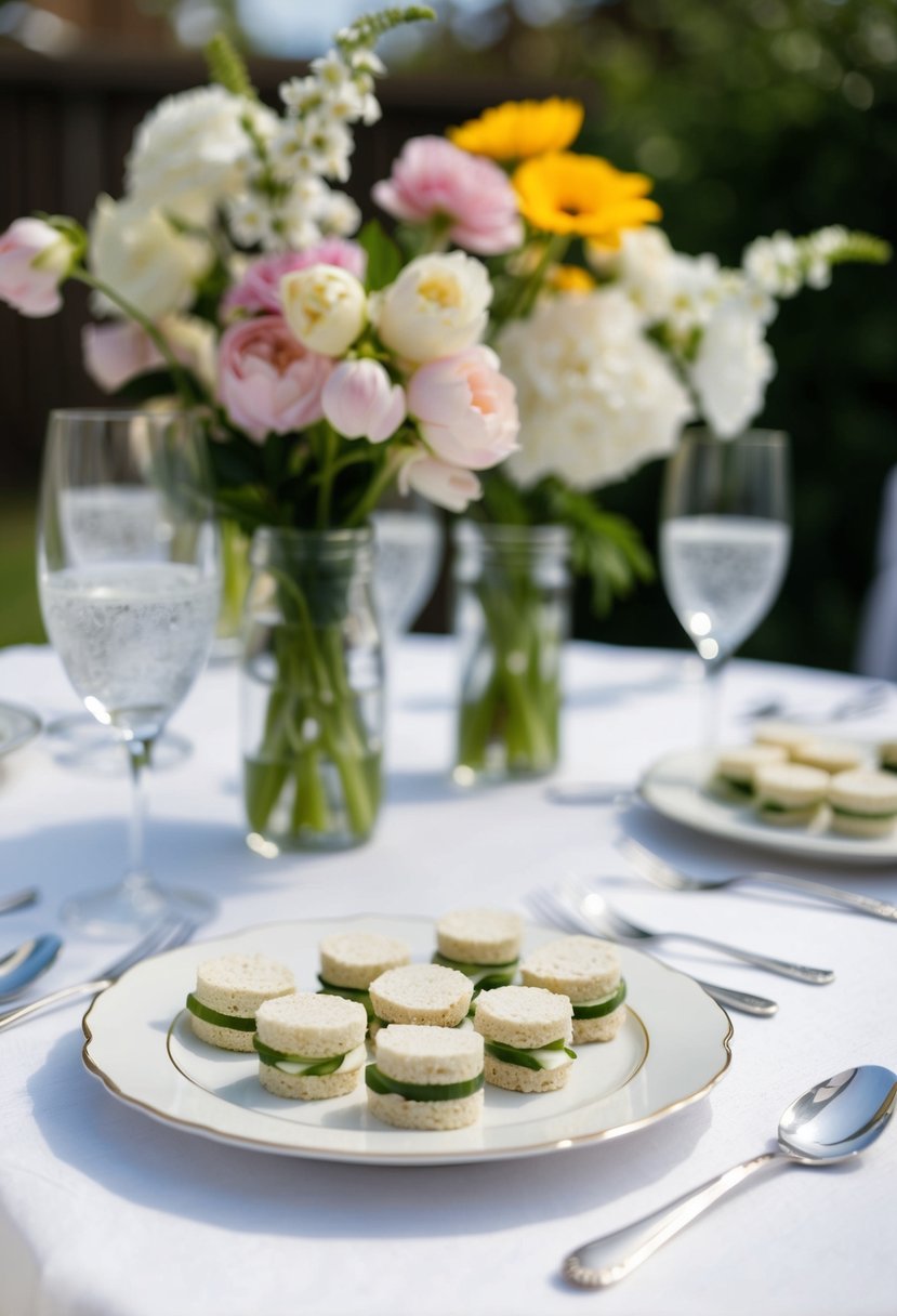 A table set with delicate cucumber sandwiches, surrounded by blooming flowers in a backyard wedding setting