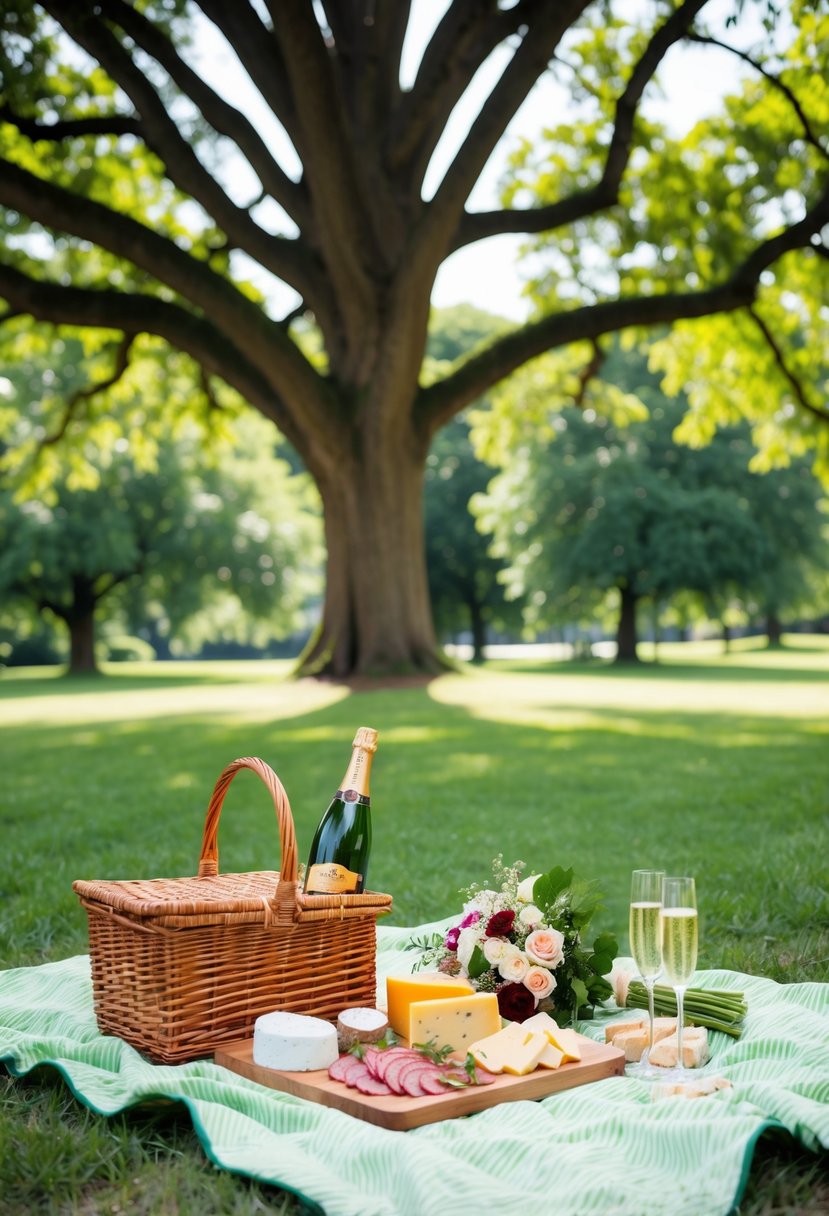 A lush green park with a picnic blanket spread out under a grand oak tree. A wicker basket filled with gourmet cheeses, charcuterie, and champagne sits beside a bouquet of fresh flowers