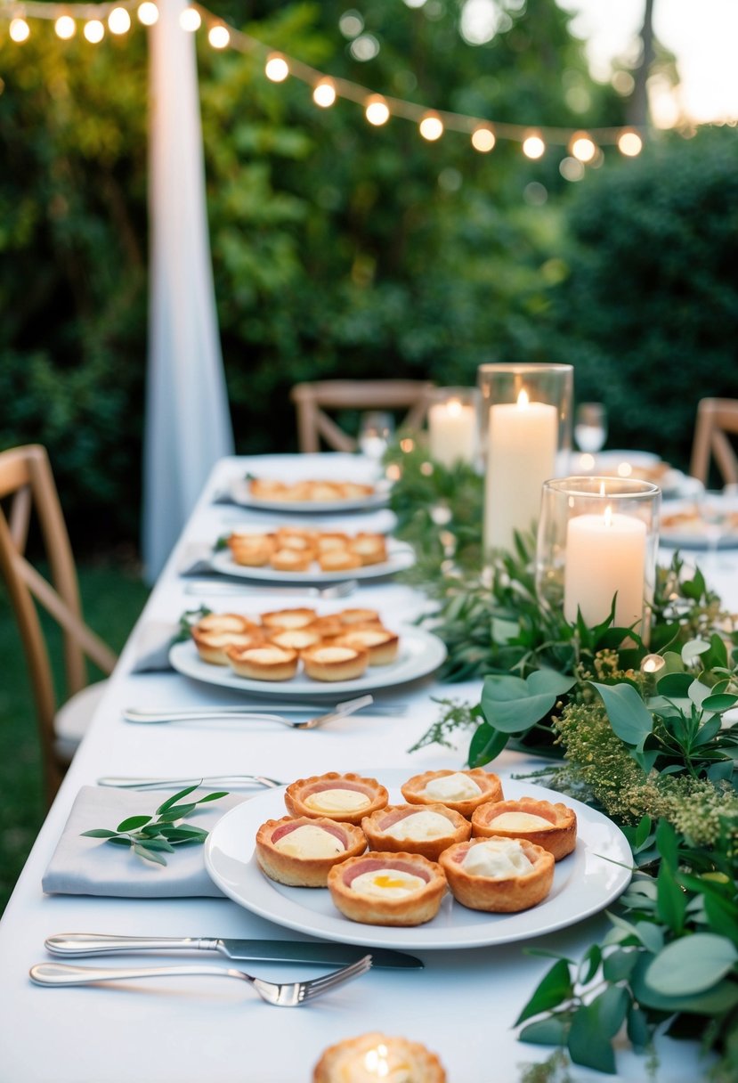 A table set with elegant ham and brie pastries, surrounded by lush greenery and twinkling lights at a backyard wedding