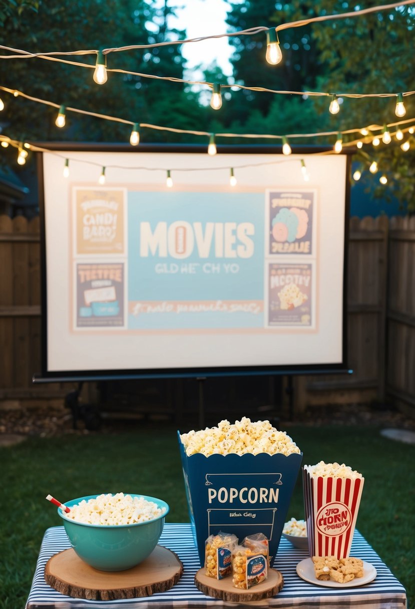 A cozy backyard setup with string lights, a projector screen, and vintage movie posters. Popcorn and candy bar with themed decorations