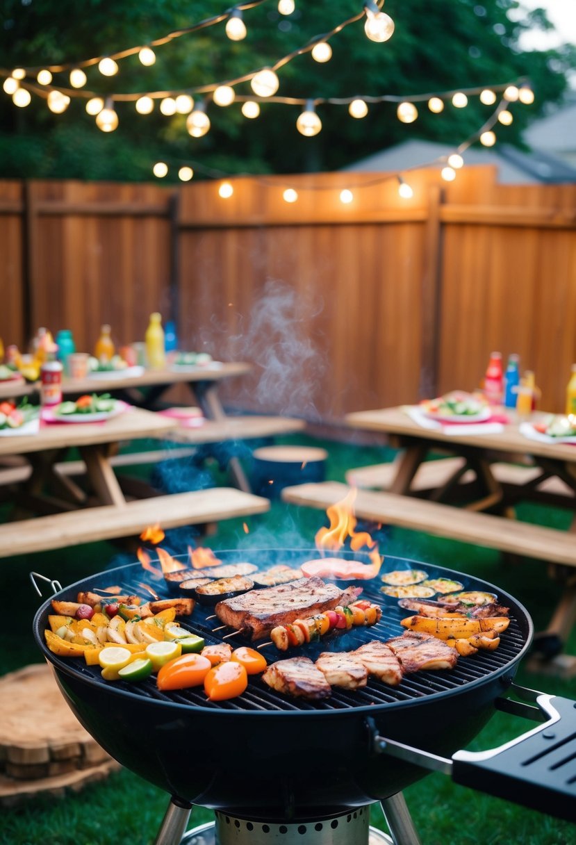 A colorful array of BBQ dishes sizzling on the grill, surrounded by picnic tables and twinkling lights in a cozy backyard setting