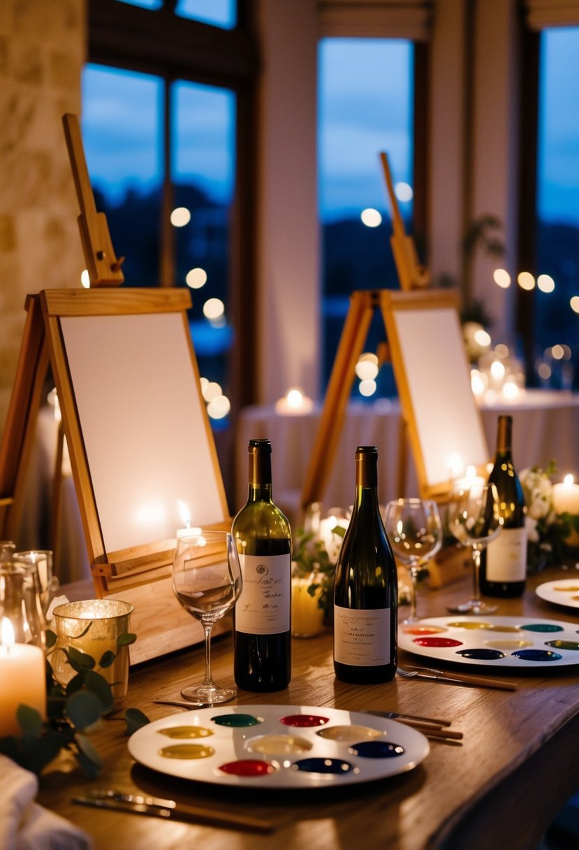 A cozy, candlelit room with easels, wine bottles, and paint palettes set up for couples to enjoy a fun and creative wedding shower experience