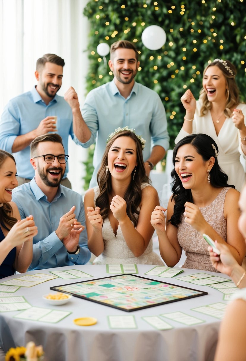 A group of guests play wedding shower games, laughing and cheering as they participate in various activities like bridal bingo and trivia quizzes