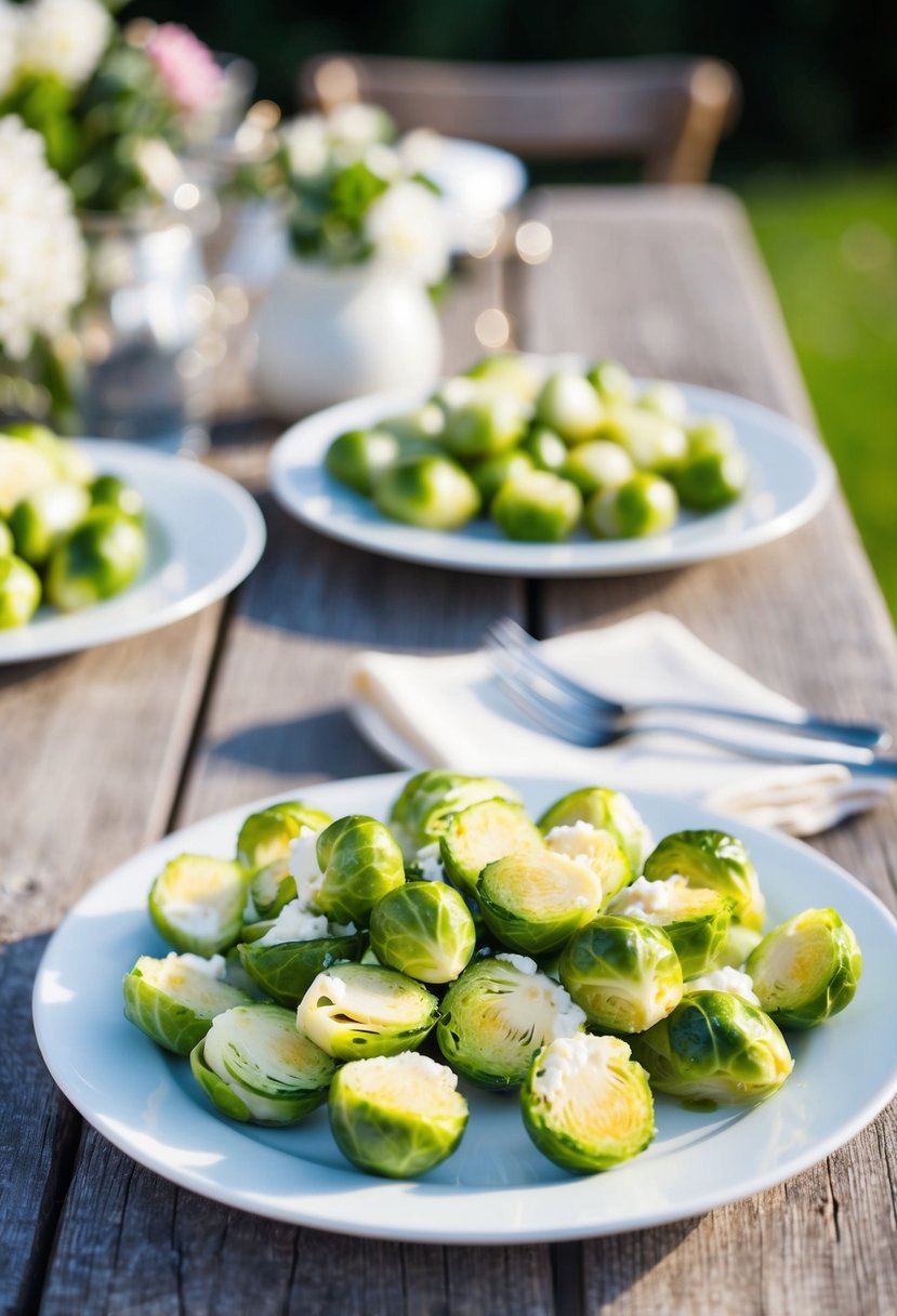 A platter of ricotta stuffed Brussels sprouts on a rustic outdoor table at a backyard wedding