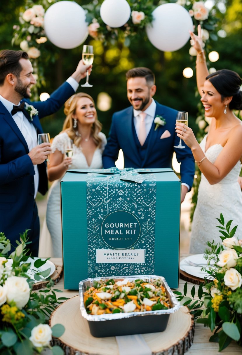 A beautifully wrapped gourmet meal kit box surrounded by wedding-themed decorations and a happy couple celebrating