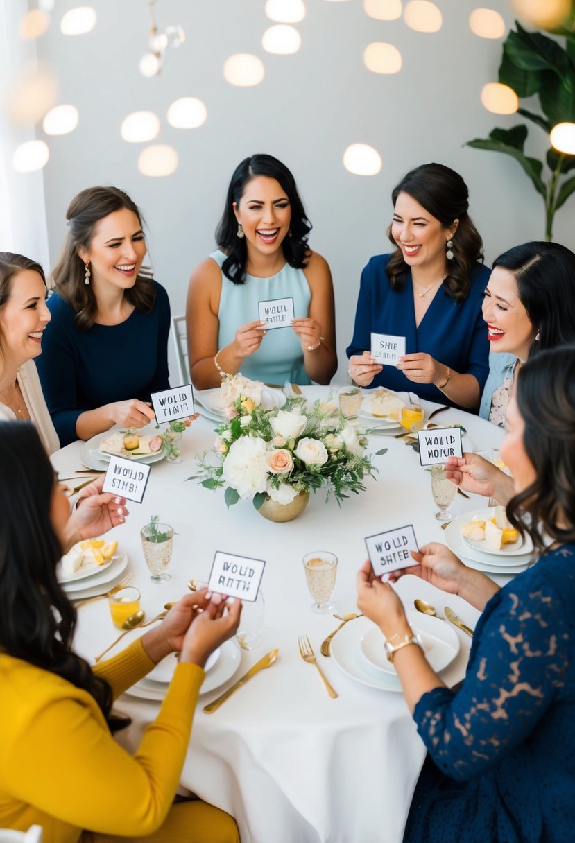 A group of women sit in a circle, laughing and chatting as they pass around small cards with "Would She Rather?" scenarios written on them. A table is set with refreshments and decorations for a wedding shower