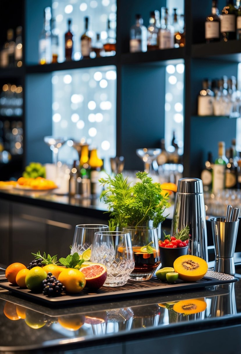 A sleek, modern bar setup with an array of fresh fruits, herbs, and spirits. Shimmering glassware and cocktail tools are neatly arranged on the counter