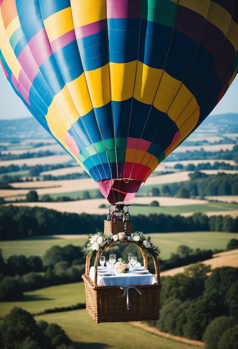 A colorful hot air balloon floats over a picturesque landscape, with a table set for a wedding shower celebration inside the basket