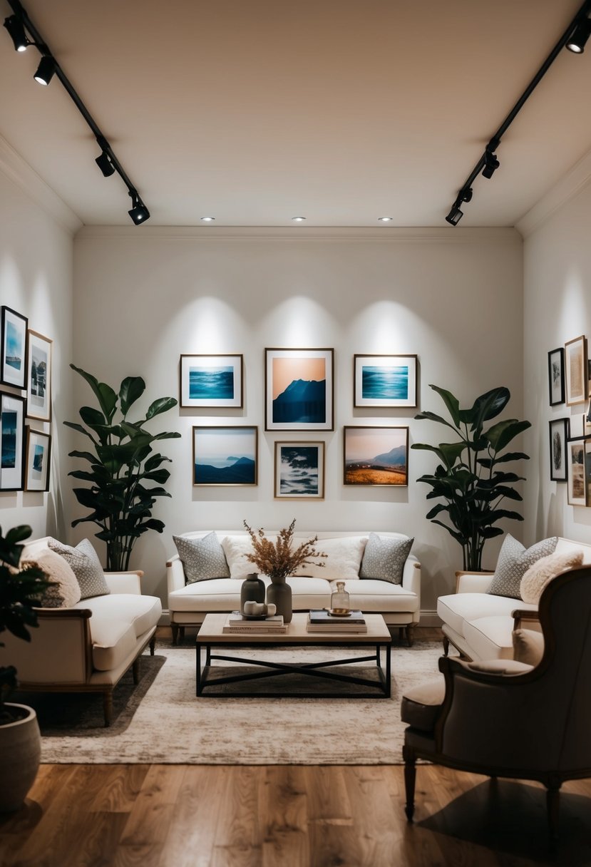 A cozy living room with white walls and spotlights showcasing various artworks, surrounded by elegant furniture and decorative plants