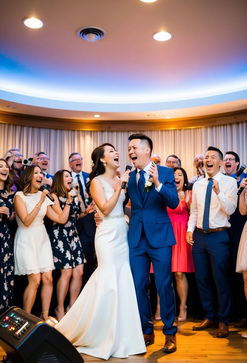 A couple stands together on a stage, surrounded by friends and family, singing their hearts out to a karaoke machine. The room is filled with laughter and music as they celebrate their upcoming wedding