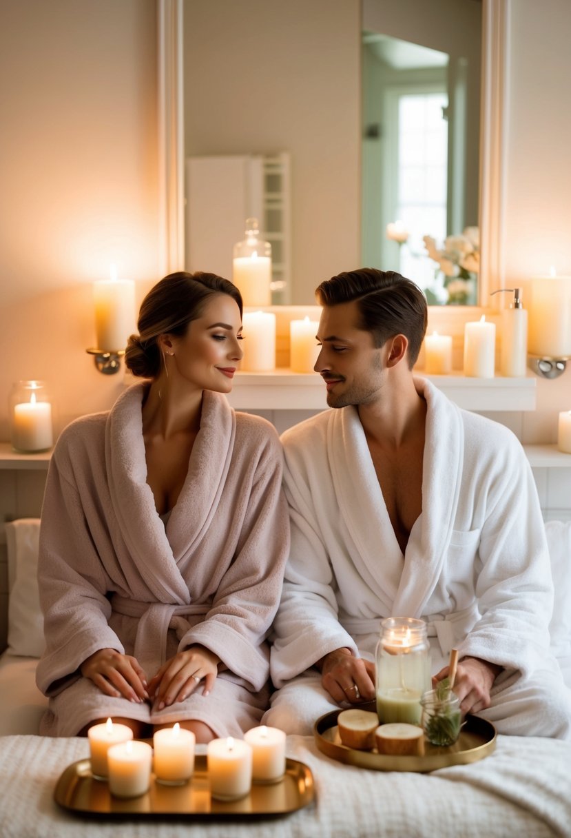 A couple sits side by side in a serene, candlelit bathroom. A tray of homemade spa treatments and refreshing drinks is within reach as they relax in plush robes