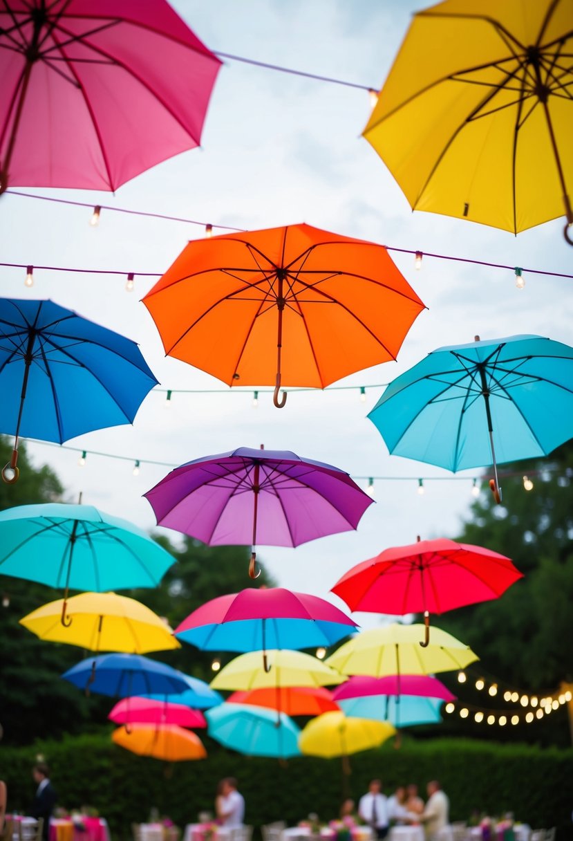 Colorful umbrellas hanging from strings, swaying in the breeze above an outdoor wedding reception